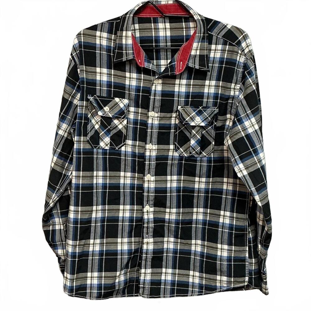 Vintage Western Style Men's Black and Blue Plaid Shirt